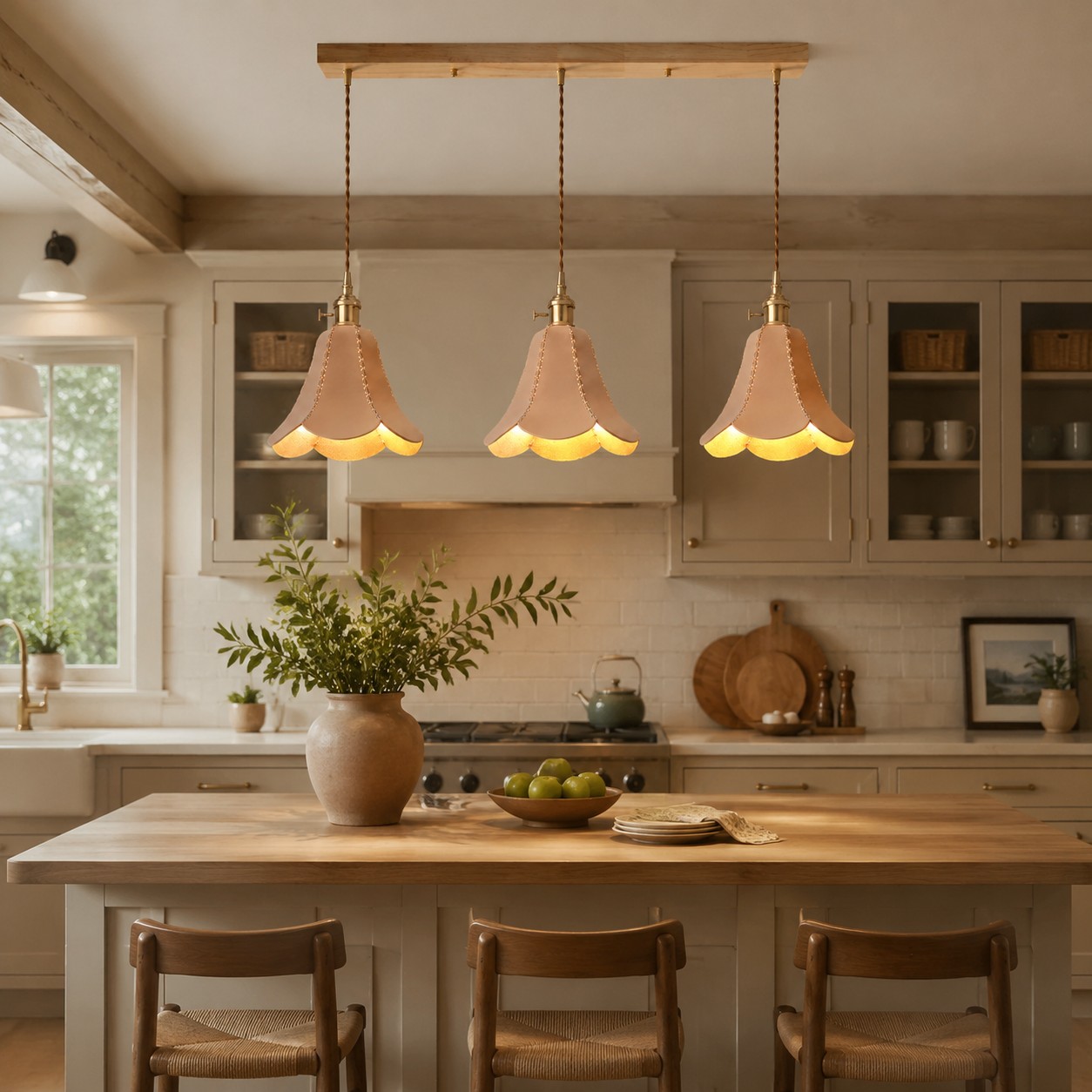 Luminária pendente tripla natural sobre uma ilha de cozinha