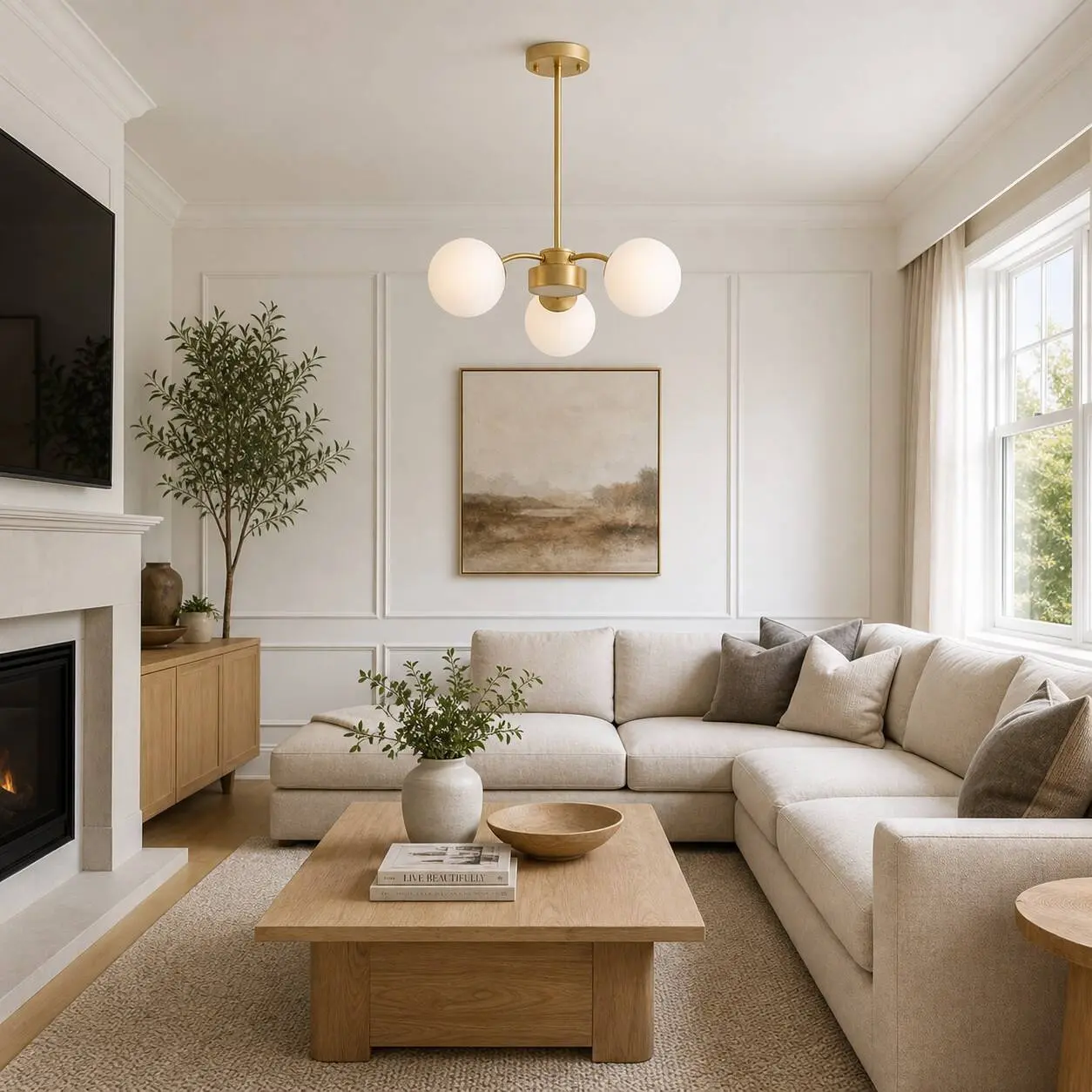 Lustre en verre opalin dans un salon moderne