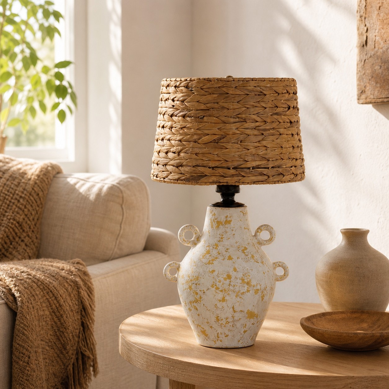 Ceramiczna lampa stołowa z plecionym kloszem, stylizowana na sofę