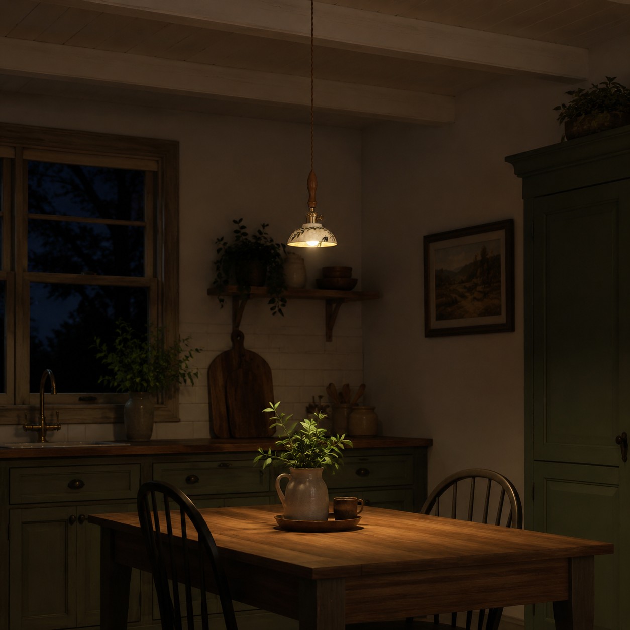 Lampadario a sospensione in ceramica con motivi botanici che crea una luce serale concentrata sopra un tavolo da pranzo.