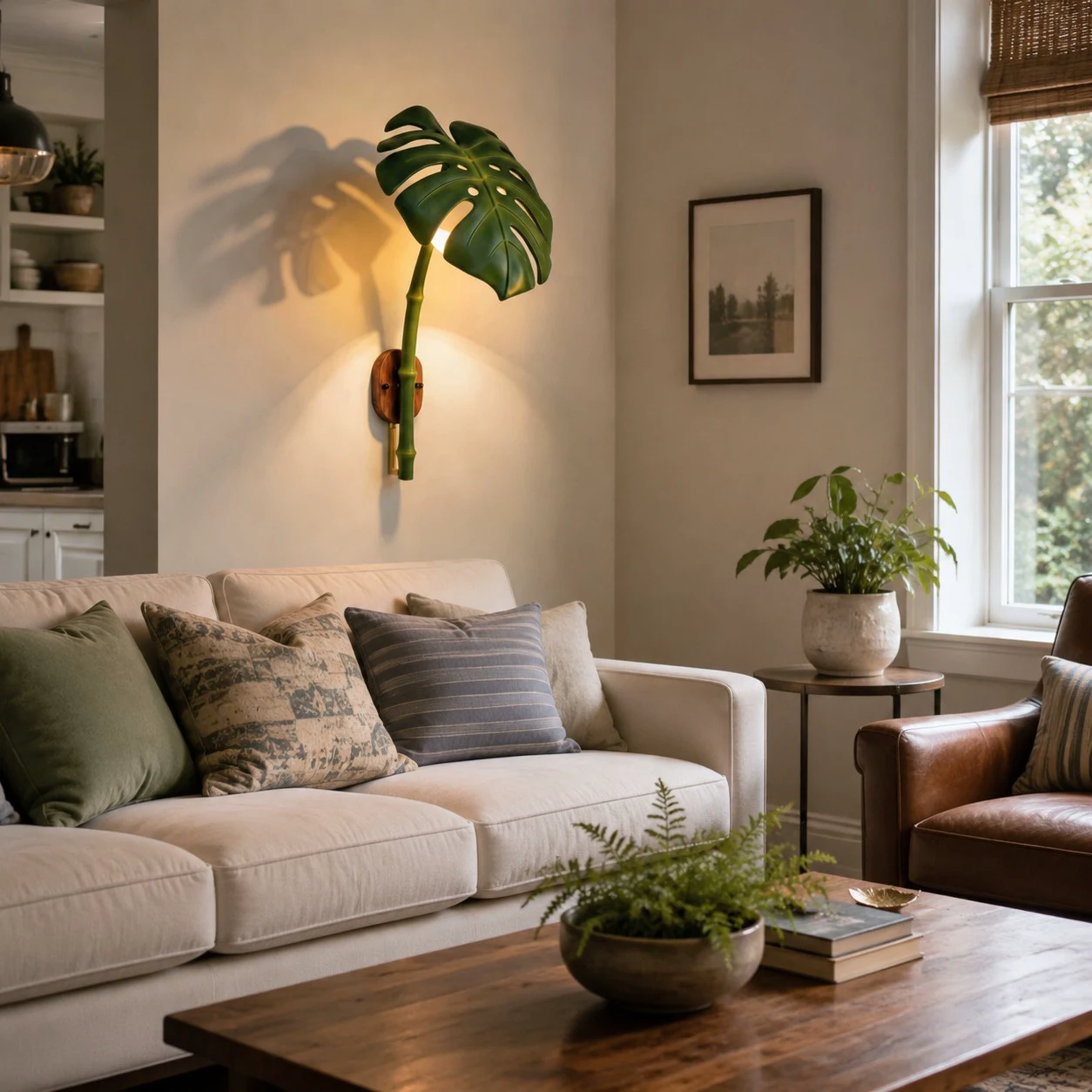 Applique murale en forme de feuille de Monstera dans un espace de vie chaleureux