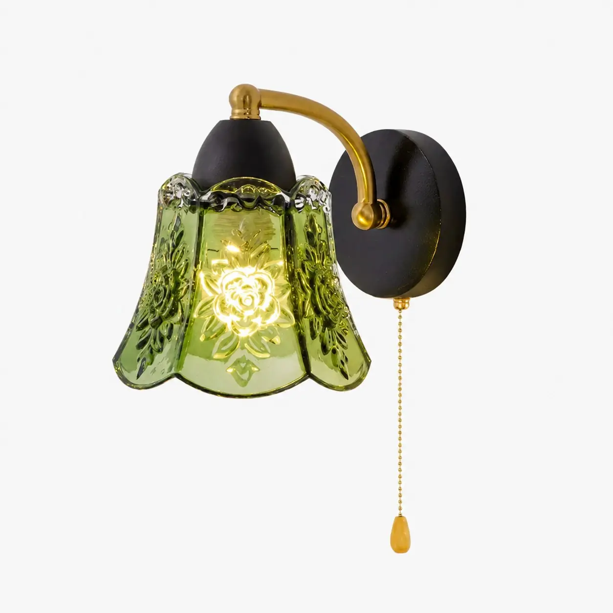 Vintage grön glasvägglampa med dragsnöre