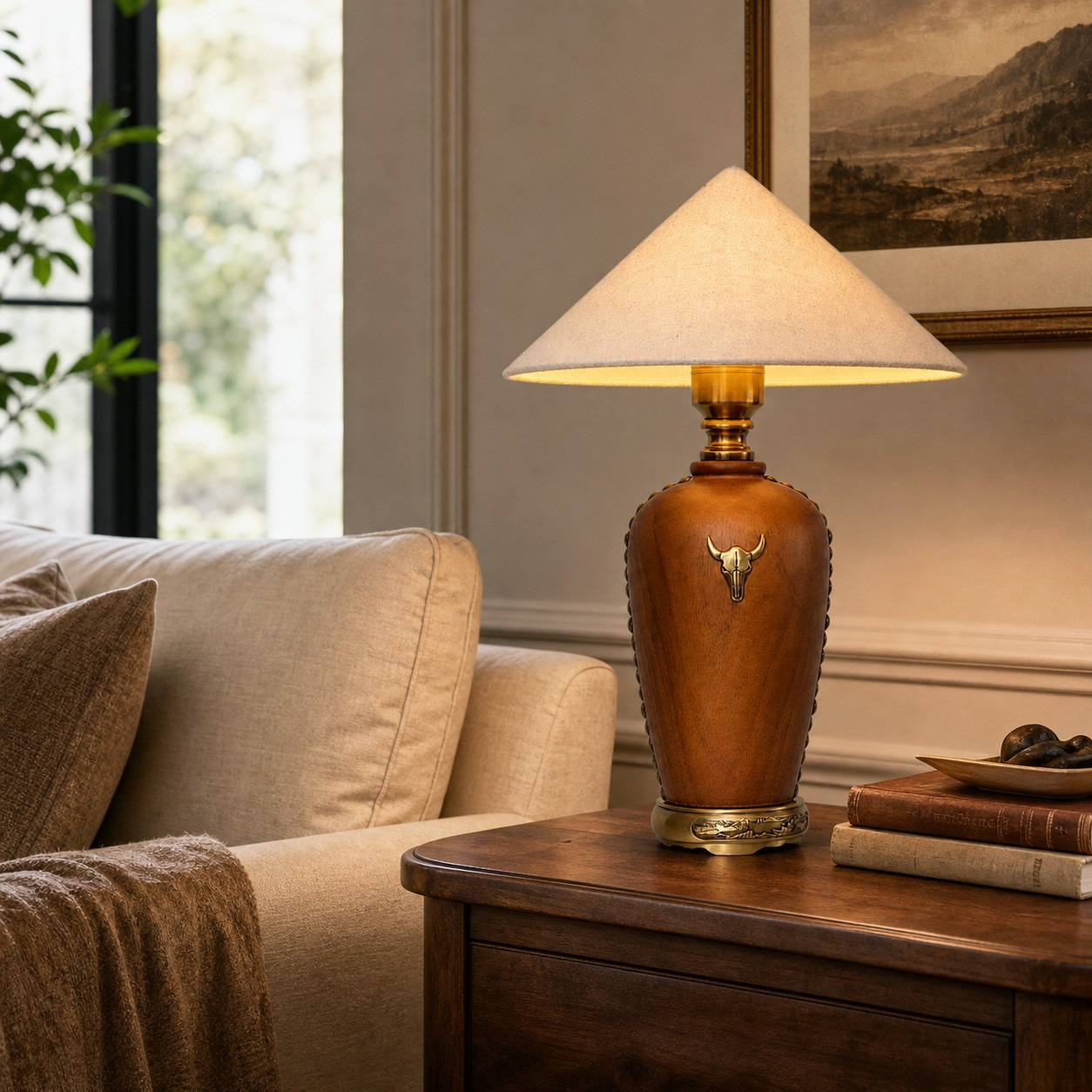 Stolní lampa ze dřeva s bílým stínidlem vedle pohovky
