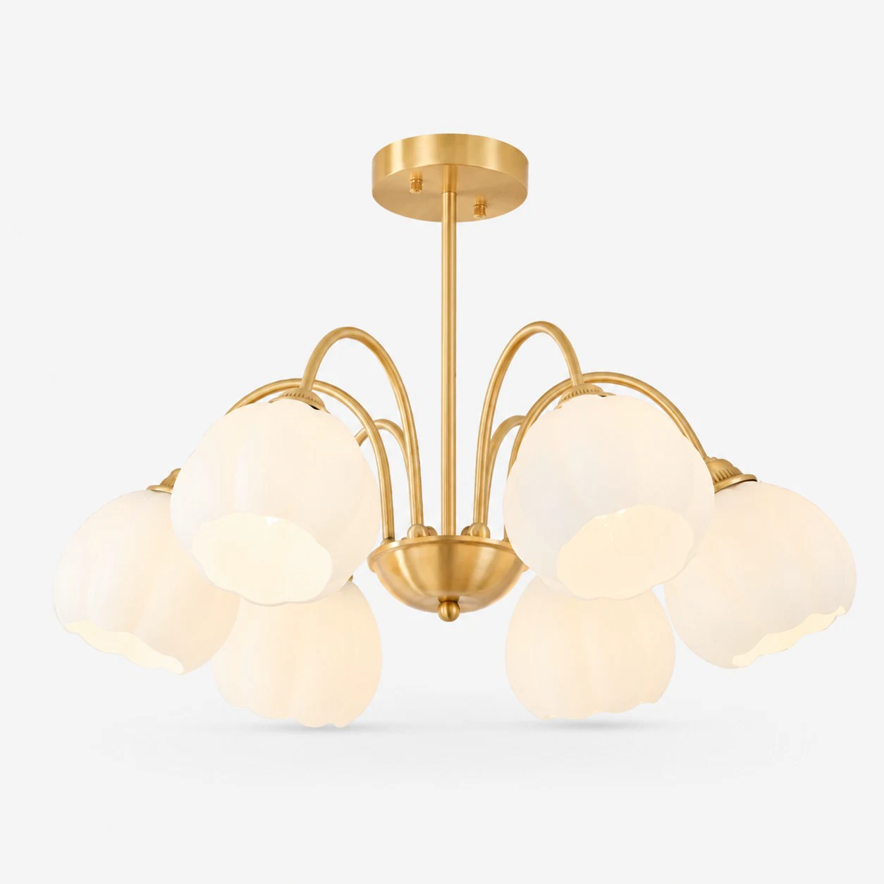 Lustre antique en laiton à six bras avec abat-jour en verre