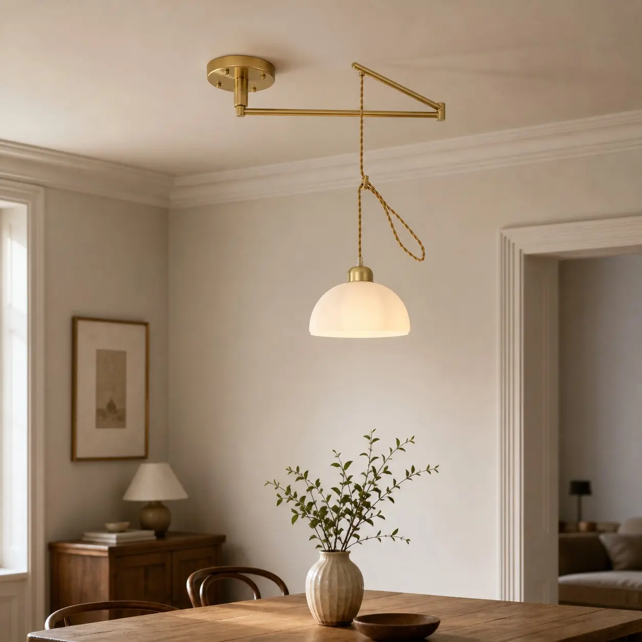 Goldene Pendelleuchte in einem warmen Esszimmer