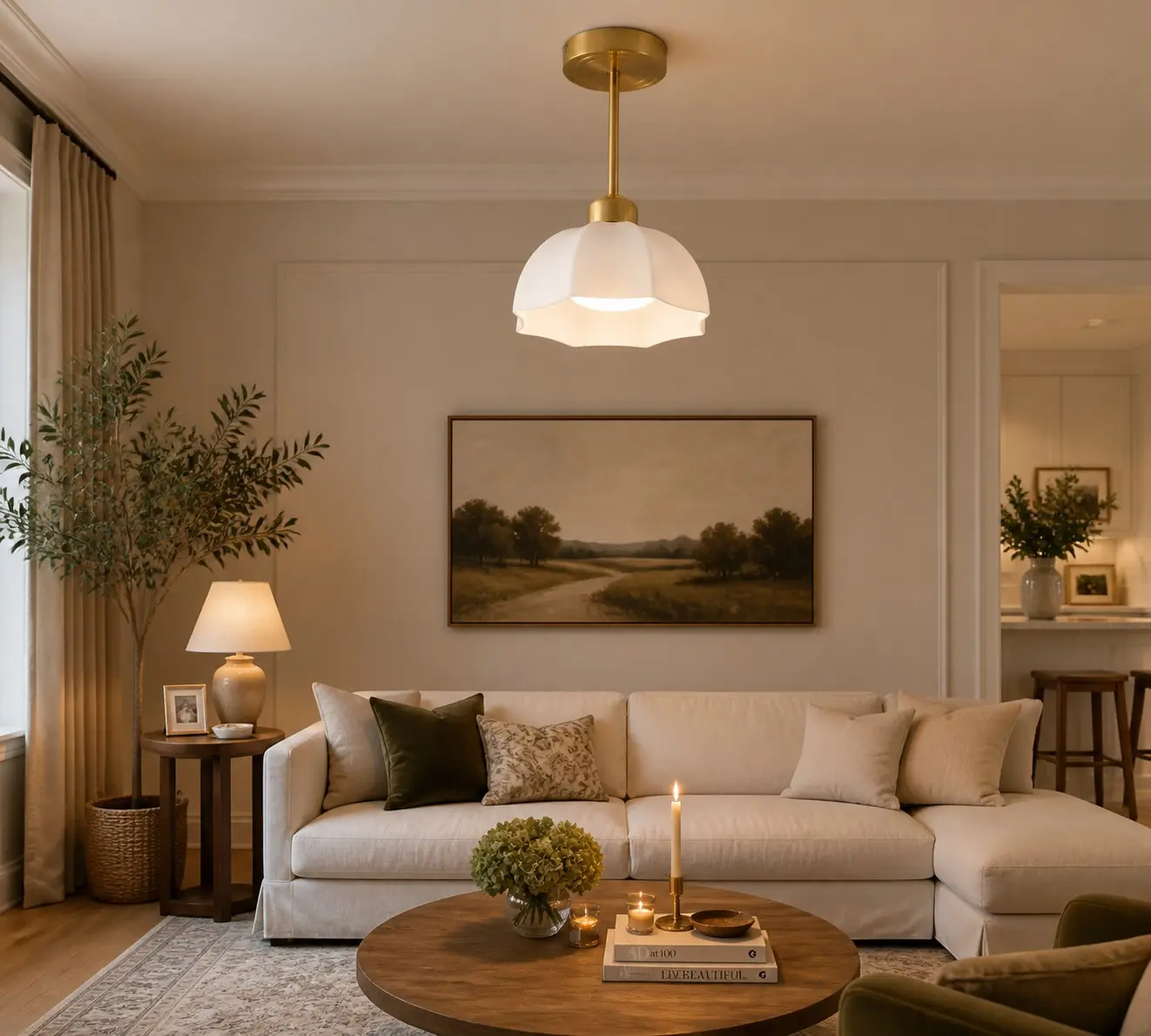 Taklampa i mjölkglas i en elegant interiör