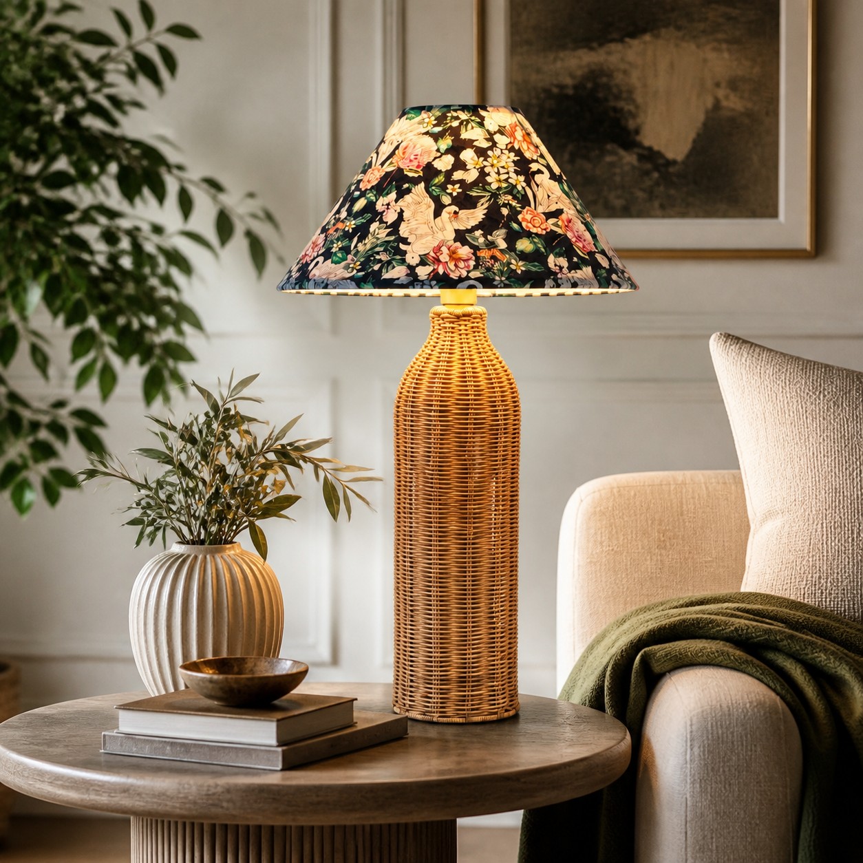 Lampada da tavolo in rattan intrecciato su un tavolino da soggiorno.