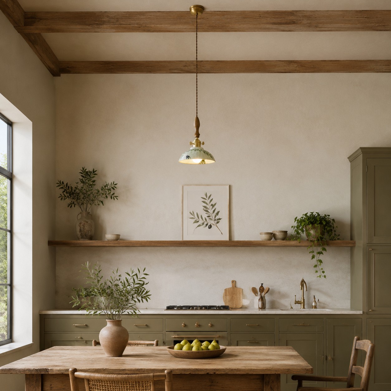 Lampadario botanico in ceramica sopra un tavolo da cucina luminoso