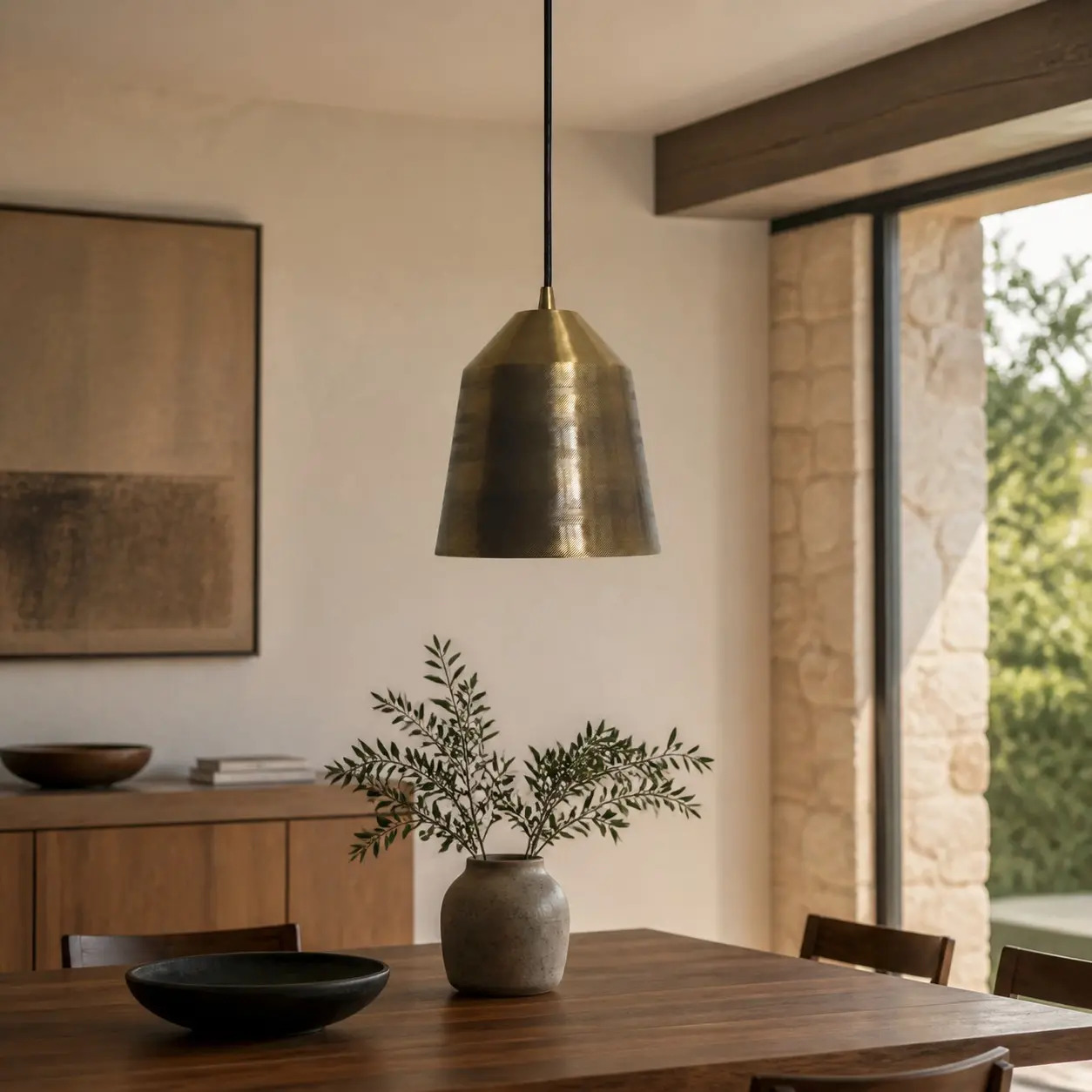 Vintage brass pendant lamp in a dining setting