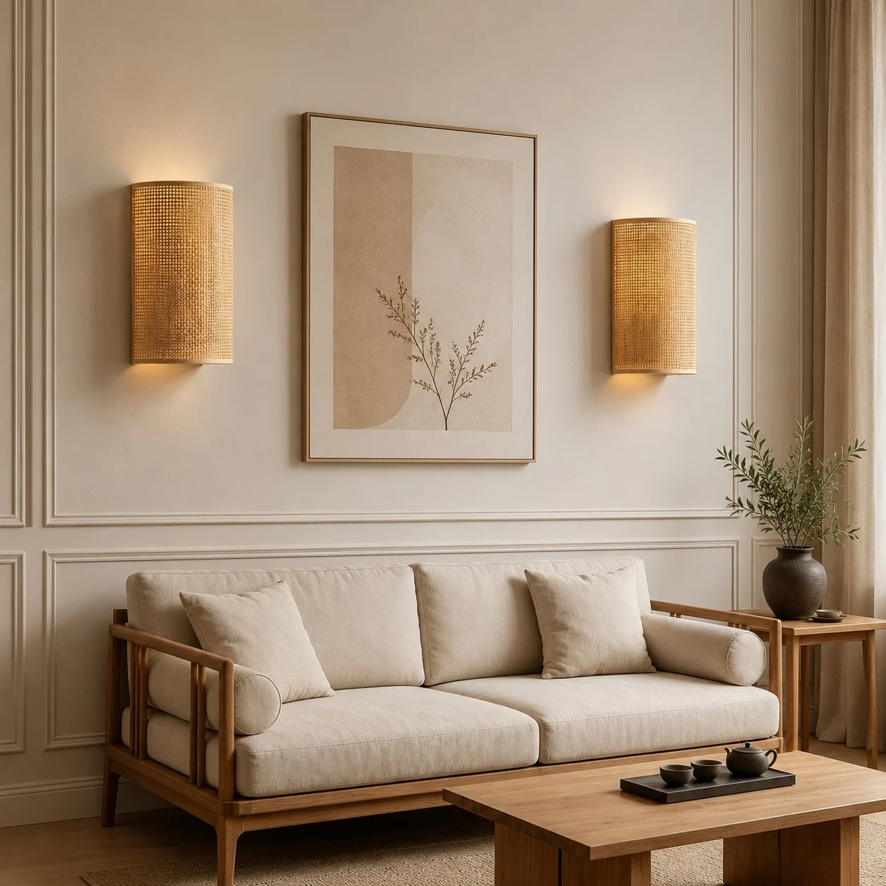 Applique murale japonaise en bois de rotin