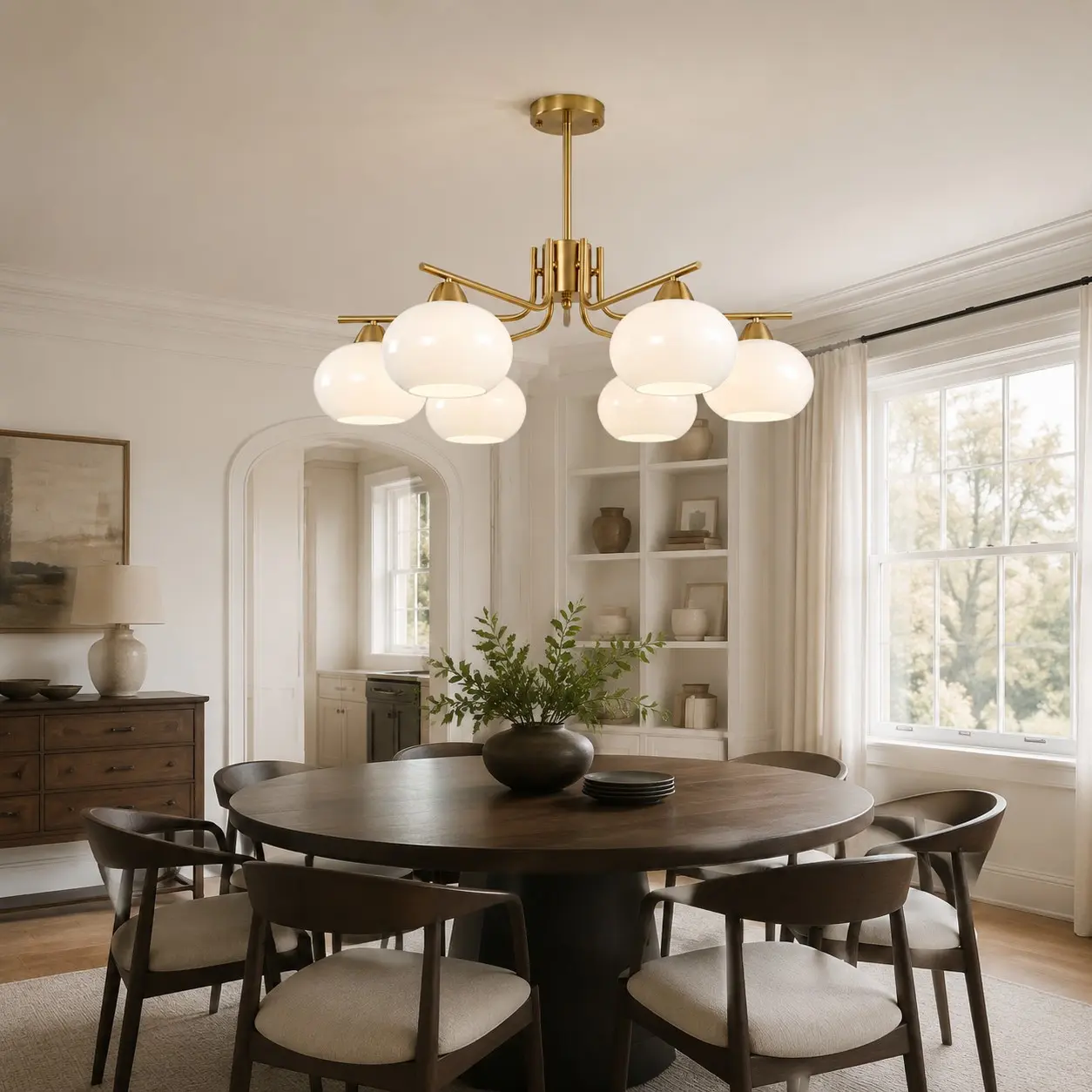 Lustre de vidro leitoso dourado em uma sala de jantar aconchegante.