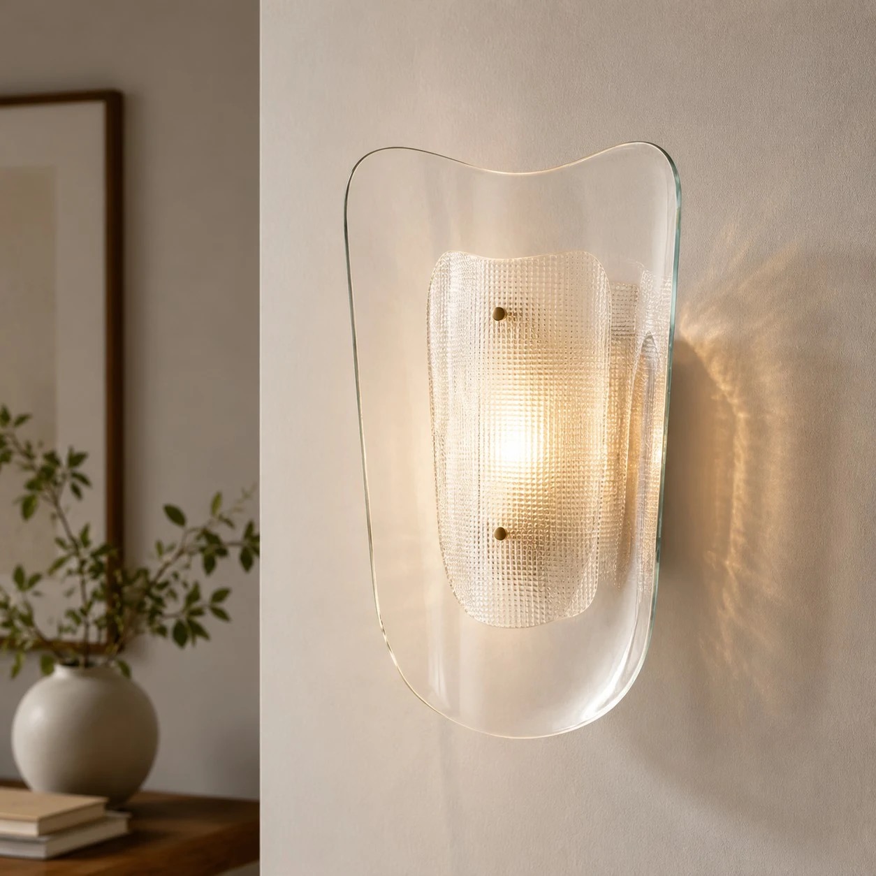 Vägglampa i klarglas installerad inomhus