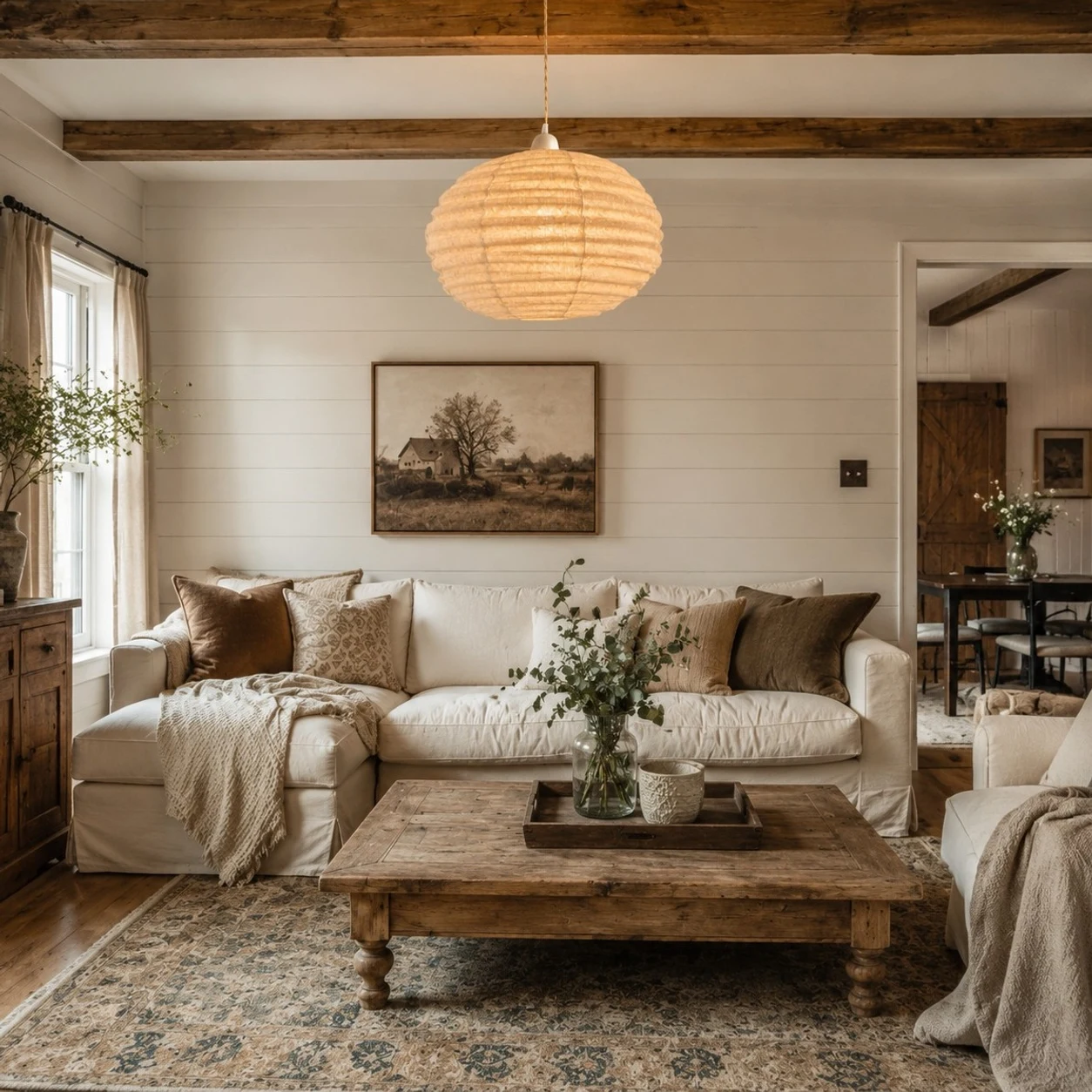 Japanse minimalistische stoffen hanglamp in een rustige woonkamer.