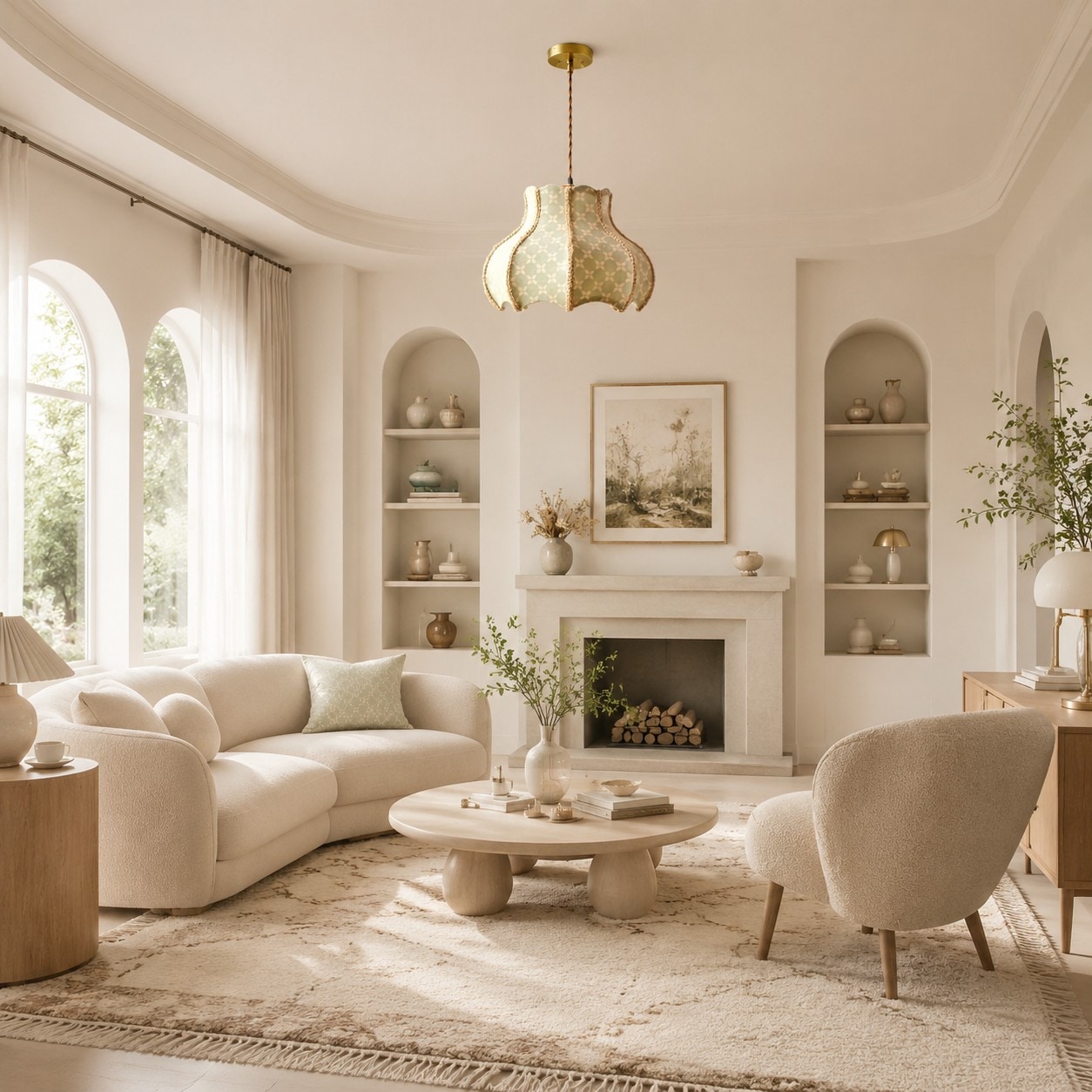 Pendelleuchte aus salbeifarbenem Stoff mit Blumenmuster in einem hellen Wohnzimmer
