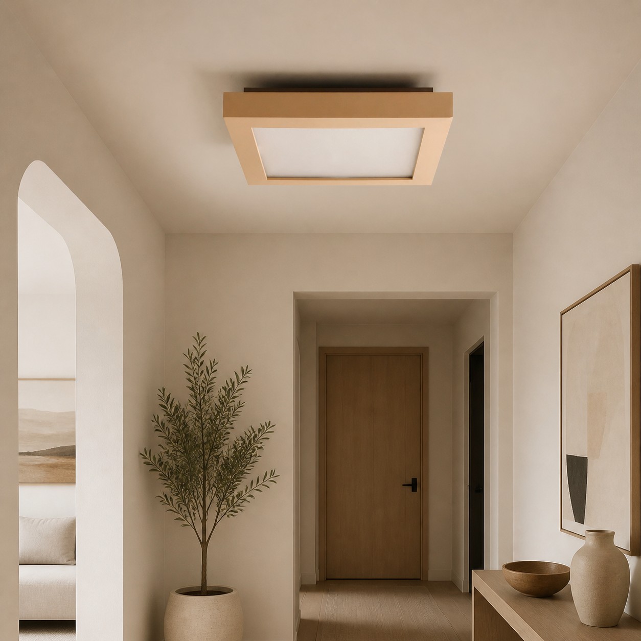 Krémová čtvercová stropní lampa instalovaná ve vstupní hale