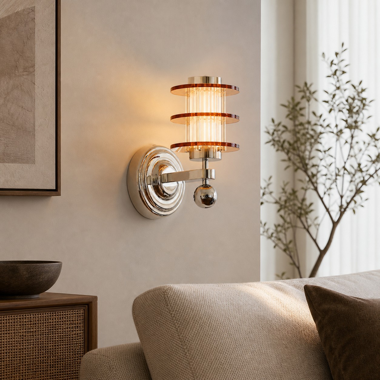 Eine Bauhaus-LED-Wandleuchte ist neben einem Sofa angebracht.