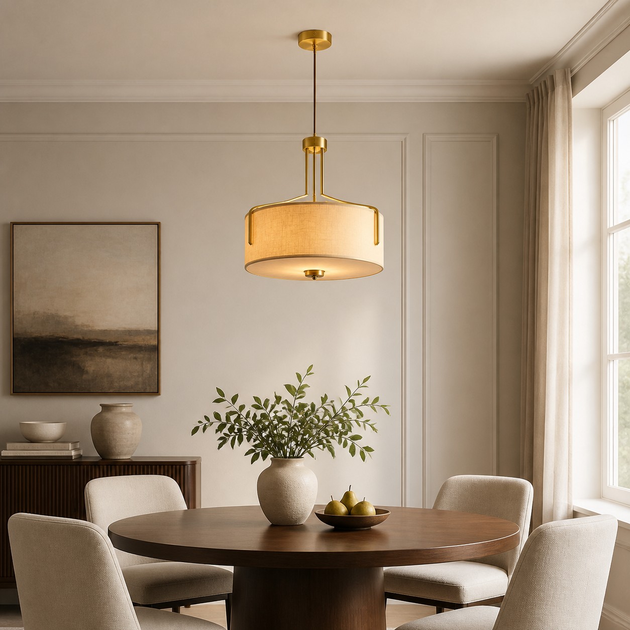 Fabric drum pendant light in a bright classic dining room
