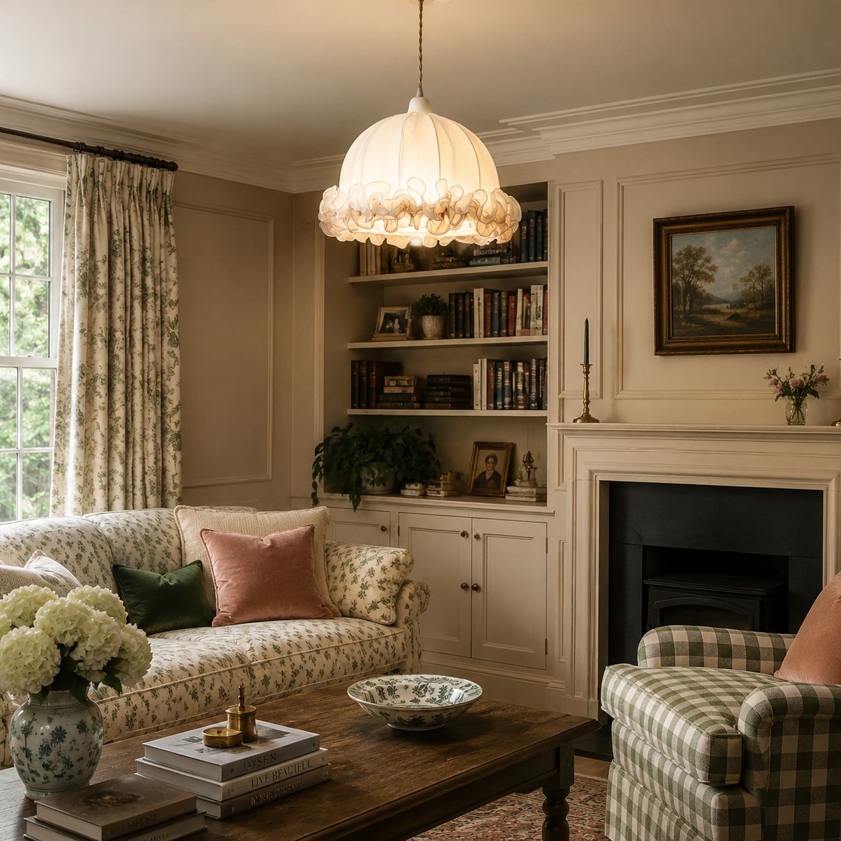Stoffpendelleuchte mit Rüschen in einem Vintage-Wohnzimmer