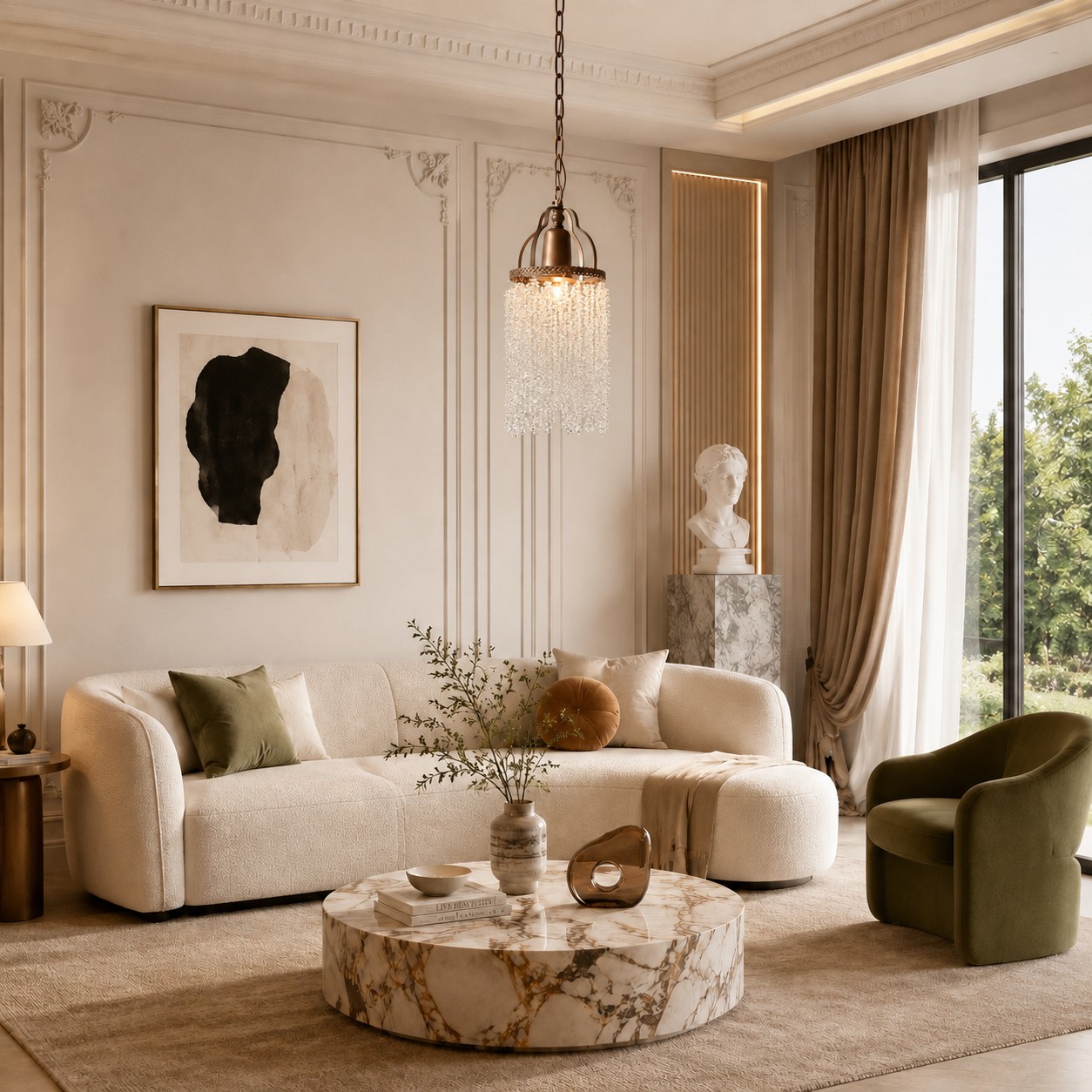 Lustre suspendu vintage à franges en cristal dans un salon élégant