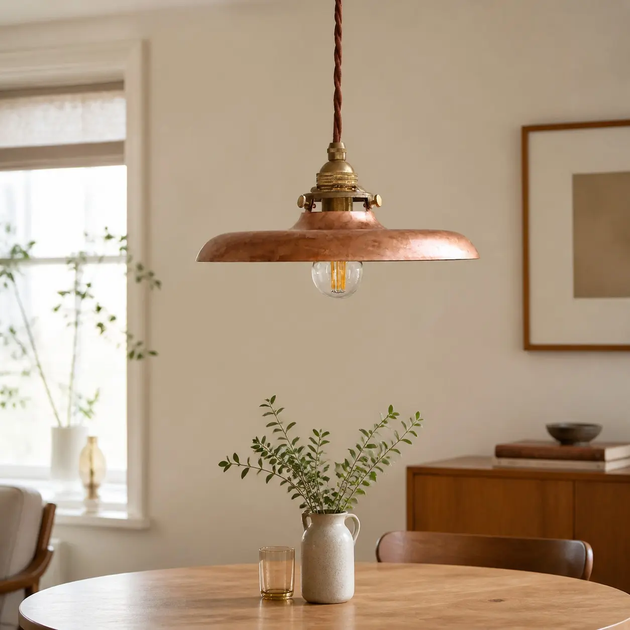 Lámpara colgante de oro envejecido sobre una mesa de comedor.