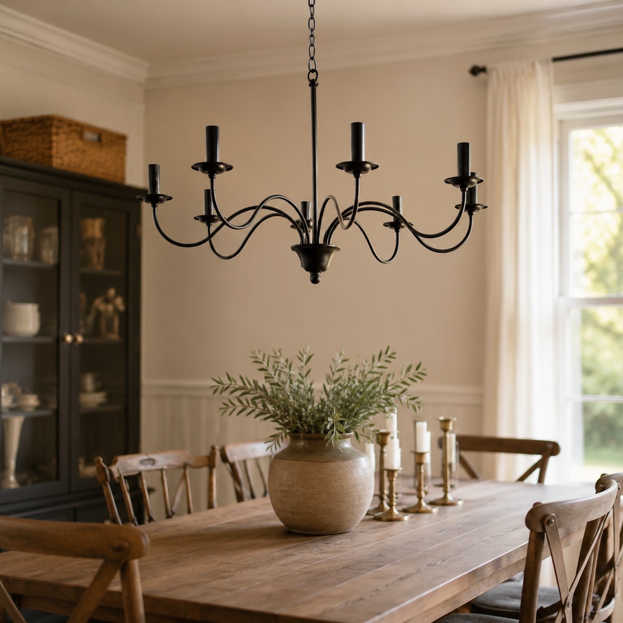 Un lustre en fer noir de style chandelier au-dessus d'une table à manger chaleureuse